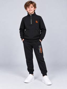 PLUM TREE - Boys Black Premium Soft Cotton Printed Hi-Neck Sweatshirt and Jogger