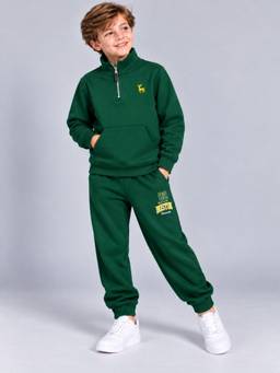 PLUM TREE - Boys Green Premium Soft Cotton Printed Hi-Neck Sweatshirt and Jogger