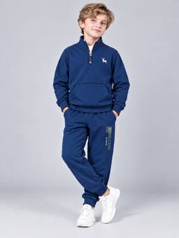 PLUM TREE - Boys Navy Blue Premium Soft Cotton Printed Hi-Neck Sweatshirt and Jogger