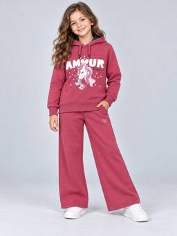 PLUM TREE - Girls Wine Premium Soft Cotton Hooded Sweatshirt and Wide Leg Pant