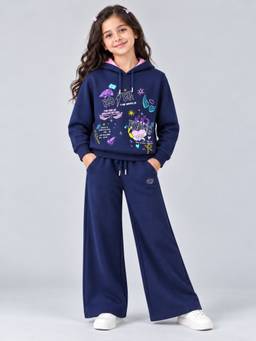 PLUM TREE - Girls Navy Blue Premium Soft Cotton Hooded Sweatshirt and Wide Leg Pant
