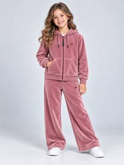 PLUM TREE - Girls Rose Gold Premium Velour Hooded Jacket and Wide Leg Pant