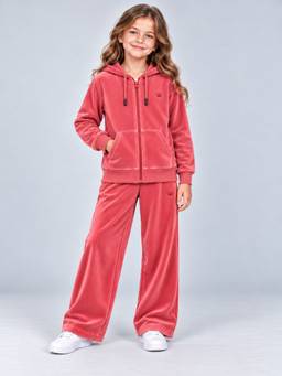 PLUM TREE - Girls Peach Premium Velour Full Zipper Hooded Jacket and Wide Leg Pant