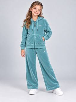PLUM TREE - Girls Teal Premium Velour Full Zipper Hooded Jacket and Wide Leg Pant