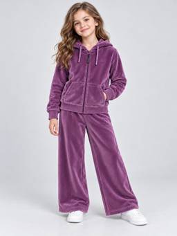 PLUM TREE - Girls Purple Premium Velour Full Zipper Hooded Jacket and Wide Leg Pant