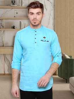 KUONS AVENUE - Men's Turquoise Blue Cotton Short Kurta
