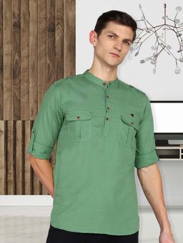KUONS AVENUE - Men's Plum Linen Green Cotton Short Pathani Kurta