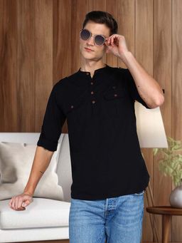 KUONS AVENUE - Men's Plum Linen Black Cotton Short Pathani Kurta