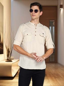 KUONS AVENUE - Men's Beige Linen Cotton Short Pathani Kurta