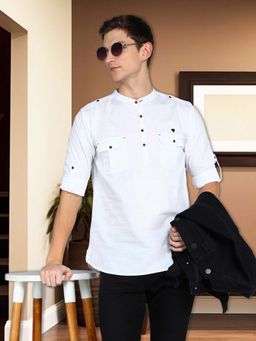 KUONS AVENUE - Men's Plum Linen White Cotton Short Pathani Kurta