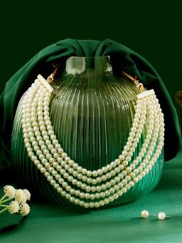 Zaveri Pearls - White Pearl Multistrand Pearls Wavy Necklace and Earring Set