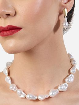 Zaveri Pearls - White Baroque Pearls Toggle Clasp Necklace and Earring Set