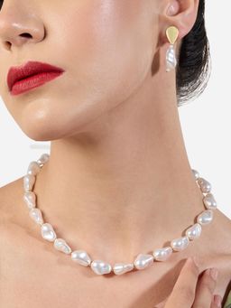 Zaveri Pearls - White Baroque Pearls Toggle Clasp Necklace and Earring Set