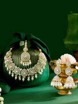 Zaveri Pearls - Gold Tone Diamonds Beads Necklace Earring and Maan Tikka Set