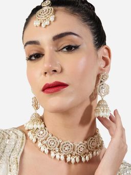 Zaveri Pearls - Gold Tone Diamonds Beads Necklace Earring and Maan Tikka Set