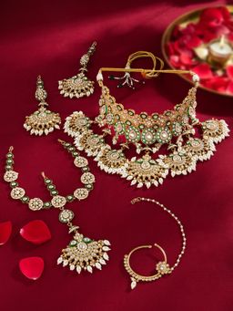 Zaveri Pearls - Multi-Colour Meenakari Necklace Earring Matha Patti and Nose Pin Set