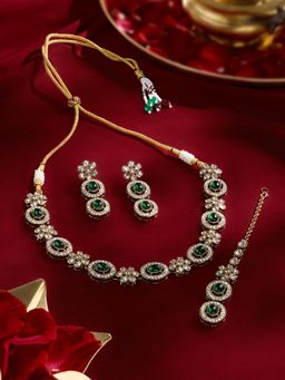 Zaveri Pearls - Green and White Stones Diamonds Antique Necklace Earring Maan Tikka Set