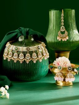 Zaveri Pearls - Green and Pink Stones Meenakari Necklace Earring and Maan Tikka Set