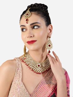 Zaveri Pearls - Red and White Beads Stones Bridal Necklace Earring and Maan Tikka Set