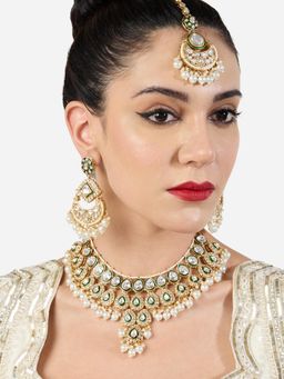 Zaveri Pearls - Green and White Meenakari Kundan Bridal Necklace Earring and Maan Tikka Set