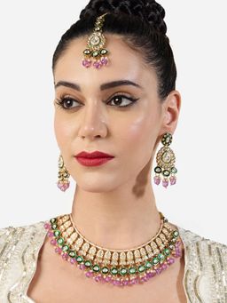 Zaveri Pearls - Green Meenakari and Purple Beads Necklace Earring and Maan Tikka Set