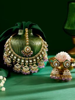 Zaveri Pearls - Green Meenakari and Purple Beads Necklace Earring and Maan Tikka Set