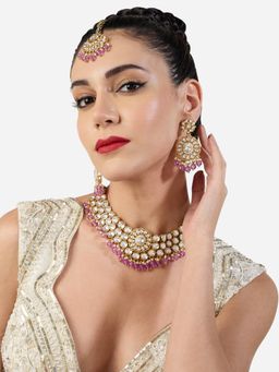 Zaveri Pearls - Purple Bead Drops Stones Necklace Earring and Maan Tikka Set