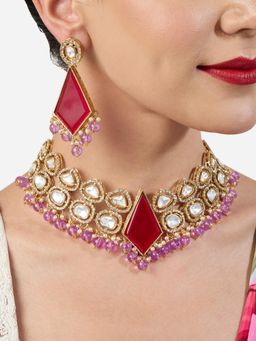 Zaveri Pearls - Pink Stones Purple Beads Necklace Earring and Maan Tikka Set