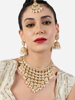 Zaveri Pearls - White Cascading Lotus Necklace Earring and Maan Tikka Set