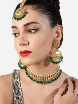 Zaveri Pearls - Green and White Beads Drop Stones Necklace Earring and Maan Tikka Set