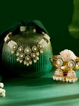 Zaveri Pearls - Green Meenakari and White Stones Choker Necklace and Earring Set