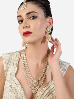 Zaveri Pearls - White Stones Layered Necklace Earring and Maan Tikka Set