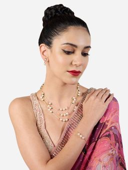 Zaveri Pearls - Pink and Green Beads Multilayer Necklace Earring and Bracelet Set
