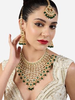 Zaveri Pearls - Green An White Cascading Kundan Bridal Necklace Earring and Maan Tikka Set