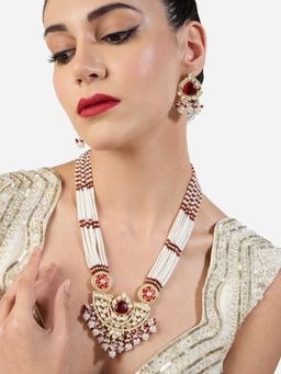 Zaveri Pearls - Red and White Meenakari Multistrand Beaded Kundan Necklace and Earring Set