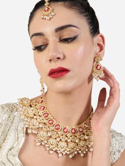 Zaveri Pearls - Red Meenakari Stones Beads Necklace Earring and Maan Tikka Set