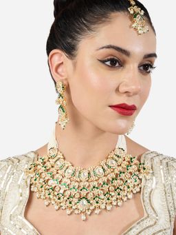 Zaveri Pearls - Green Meenakari Stones Beads Necklace Earring and Maan Tikka Set