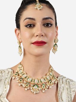 Zaveri Pearls - Green Meenakari Stones and White Beads Necklace Earring and Maan Tikka Set