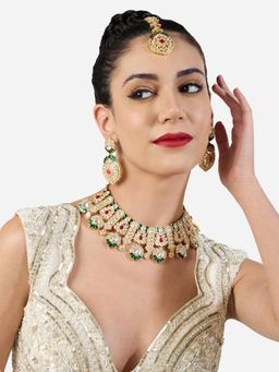 Zaveri Pearls - Green and Pink Stones Meenakari Necklace Earring and Maan Tikka Set