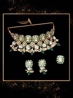 Zaveri Pearls - Green and White Meenakari Stones Beads Choker Necklace Earring and Ring Set