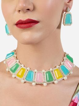 Zaveri Pearls - Multicolour Statement Stone Embellished Necklace and Earring Set