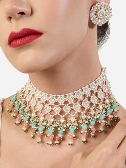 Zaveri Pearls - Multicolour Clustered Beads Choker Necklace Earring and Ring Set