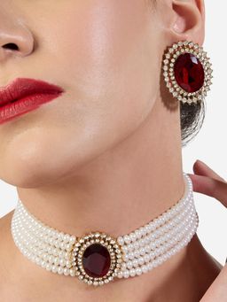 Zaveri Pearls - Maroon Stones Diamonds Pearls Choker Necklace and Earring Set