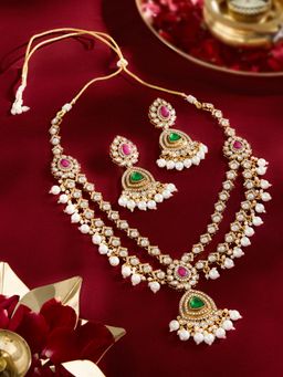 Zaveri Pearls - Pink and Green Stones Kundan Pearls Bridal Necklace and Earring Set