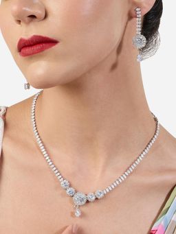 Zaveri Pearls - Silver Tone Diamonds Contemporary Necklace and Earring Set