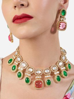 Zaveri Pearls - Green and Pink Stones Austrian Diamonds Necklace and Earring Set