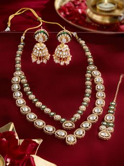Zaveri Pearls - Green Meenakari Stones Layer Necklace Earring and Maan Tikka Set