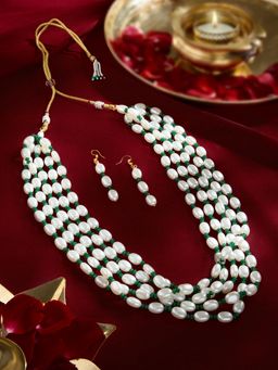 Zaveri Pearls - Green and White Multistrand Fusion Wear Necklace and Earring Set