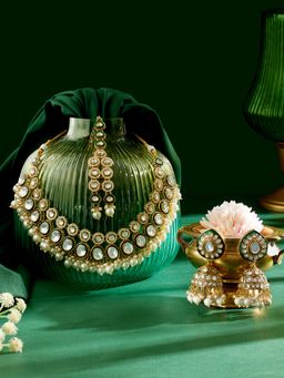 Zaveri Pearls - Green Meenakari Stones Beads Necklace Earring and Maan Tikka Set