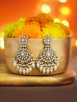 Zaveri Pearls - Antique Gold Tone Diamonds and Cluster Beads Dangle Earrings